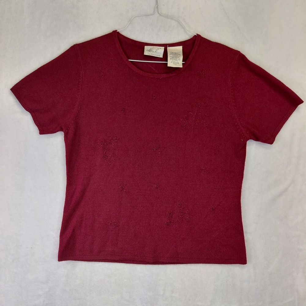 Kathie Lee Collection Vintage Burgundy Embroidered Short Sleeve Sweater Large